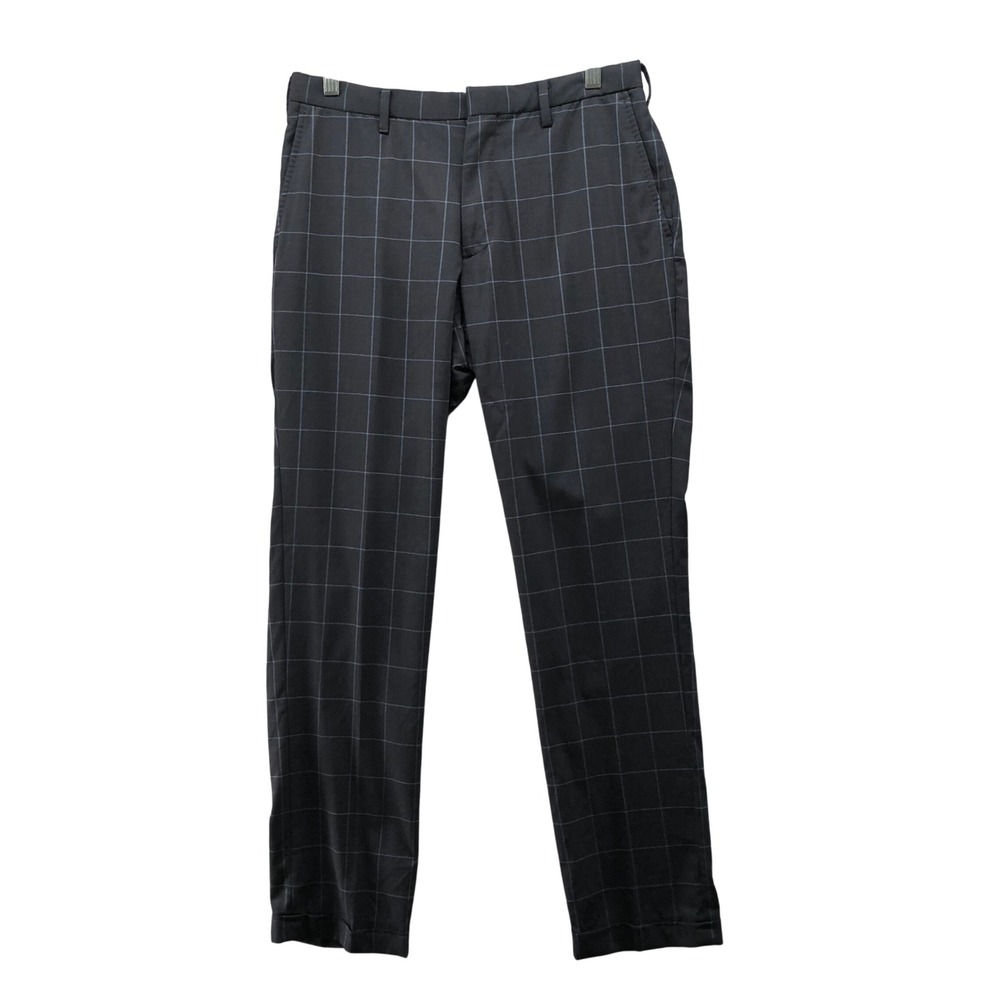 Uniqlo Slim Fit Dress Pants Mens 30x30 Wool‎ Blend Stretch Flat Front Navy Plaid